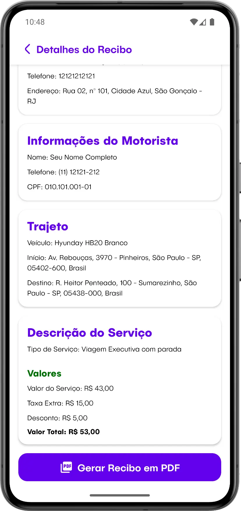 Tela de geração de recibos do aplicativo SetDrive