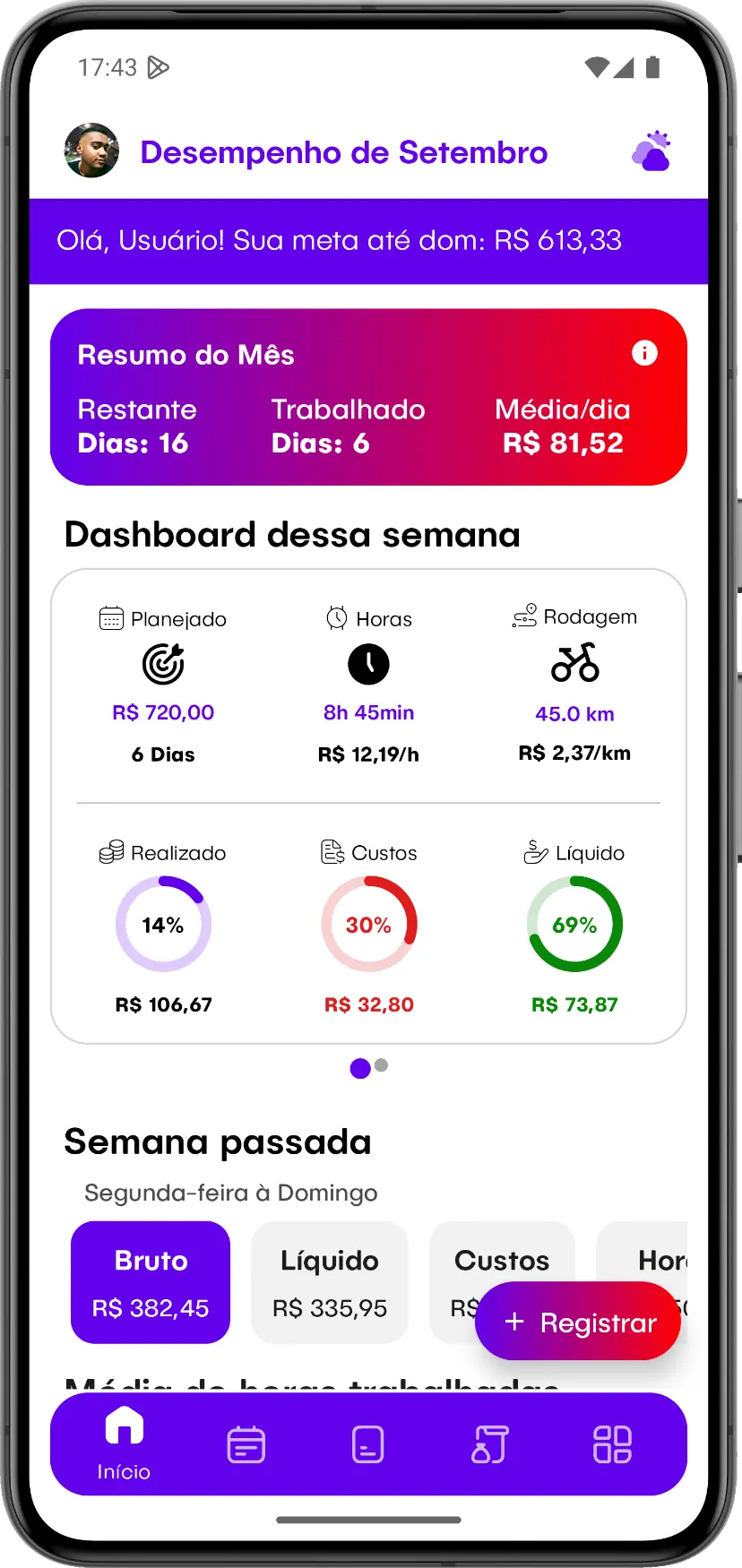 Tela inicial do aplicativo SetDrive com resumo de ganhos